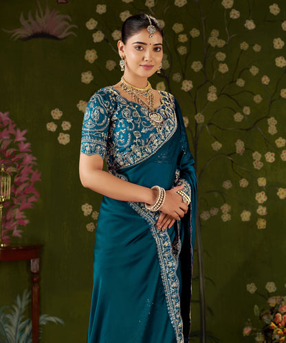 Rama Green Rangoli Silk Embroidered Cutwork Lace Saree for Women with Designer Blouse Piece