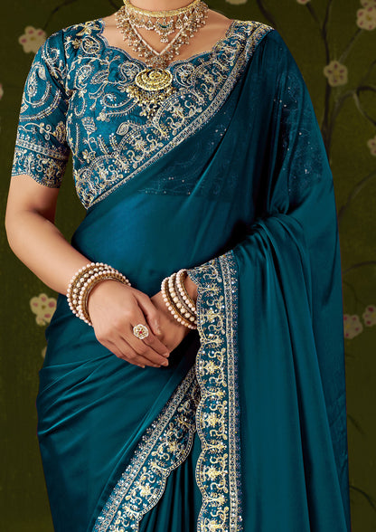 Rama Green Rangoli Silk Embroidered Cutwork Lace Saree for Women with Designer Blouse Piece