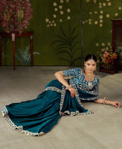 Rama Green Rangoli Silk Embroidered Cutwork Lace Saree for Women with Designer Blouse Piece