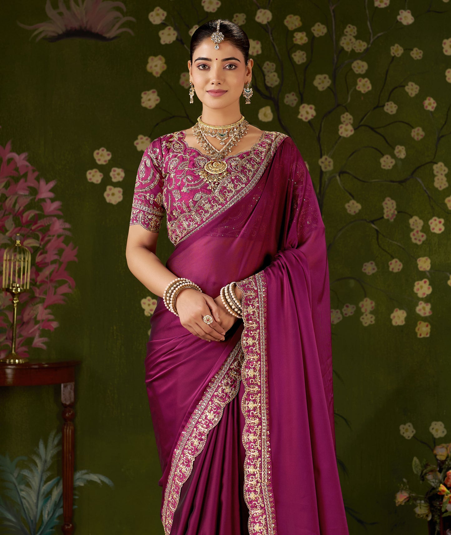 Rani Pink Rangoli Silk Embroidered Cutwork Lace Saree for Women with Designer Blouse Piece