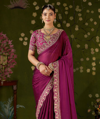 Rani Pink Rangoli Silk Embroidered Cutwork Lace Saree for Women with Designer Blouse Piece