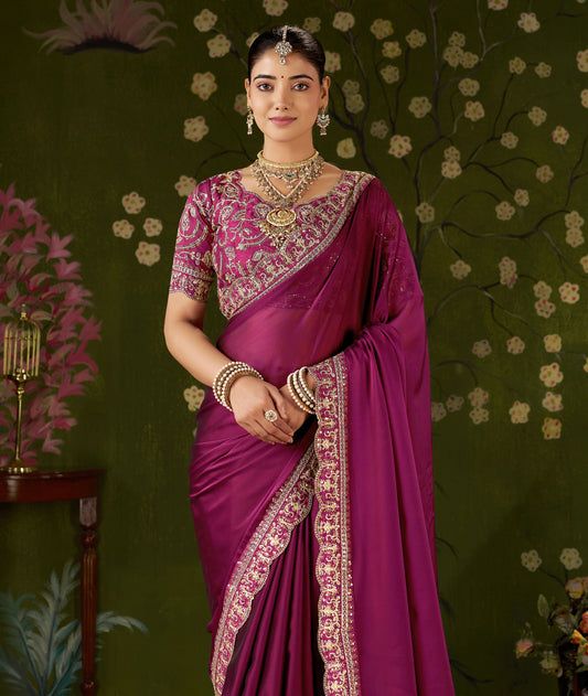 Rani Pink Rangoli Silk Embroidered Cutwork Lace Saree for Women with Designer Blouse Piece