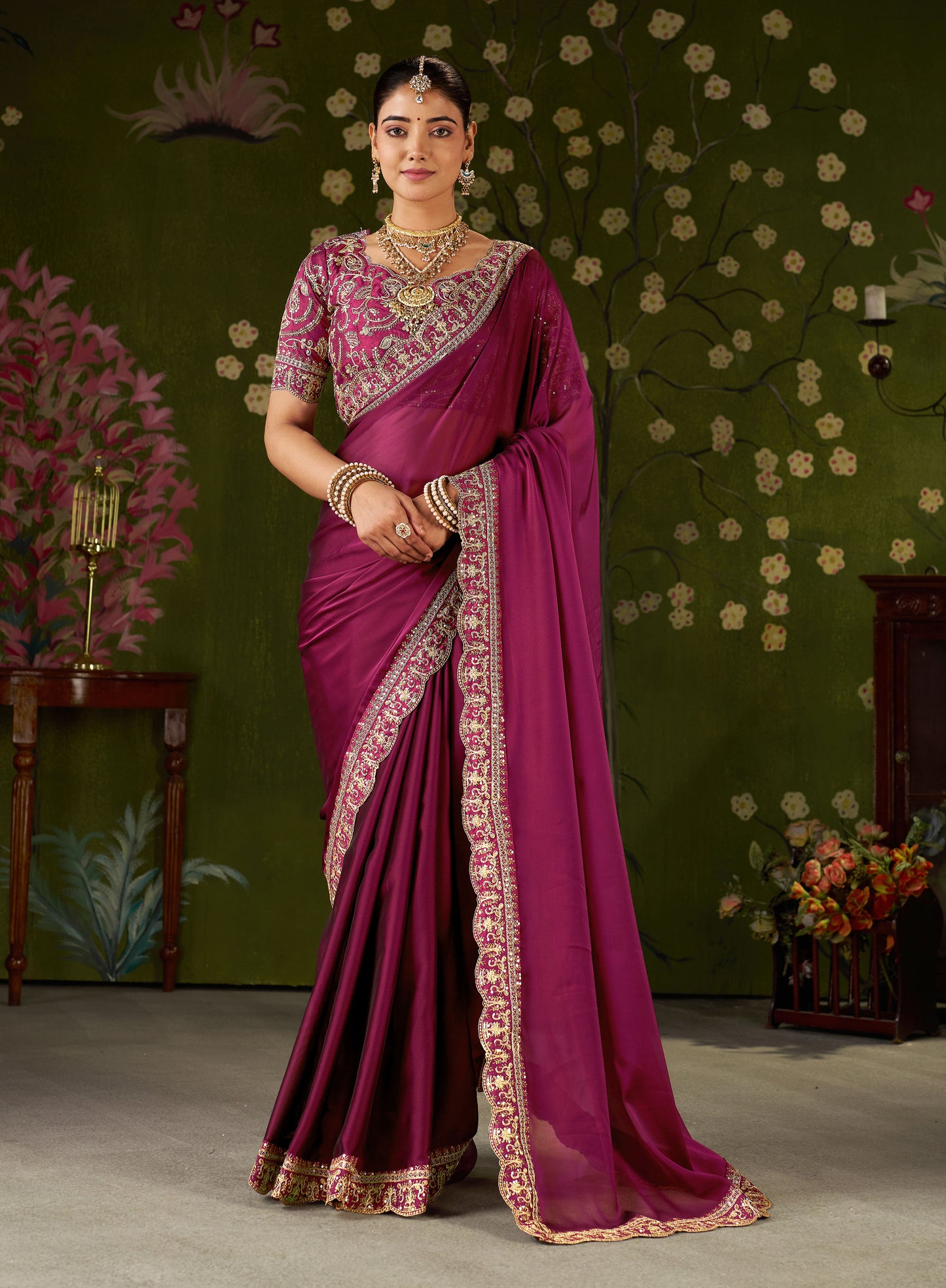 Rani Pink Rangoli Silk Embroidered Cutwork Lace Saree for Women with Designer Blouse Piece