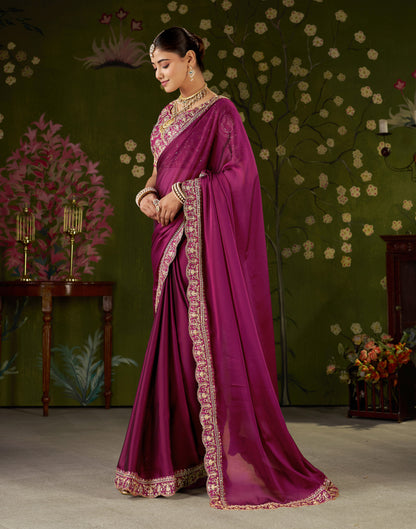 Rani Pink Rangoli Silk Embroidered Cutwork Lace Saree for Women with Designer Blouse Piece