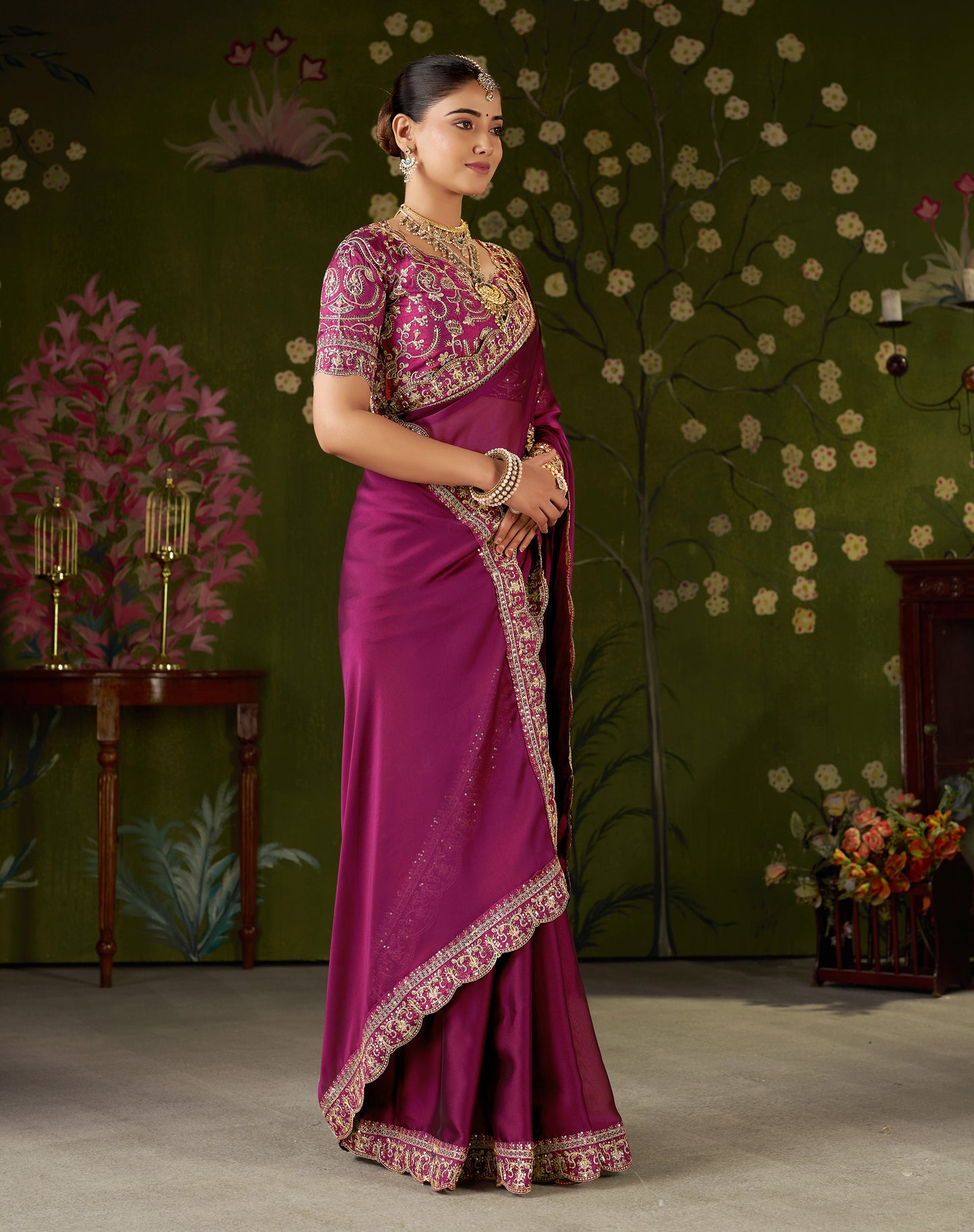 Rani Pink Rangoli Silk Embroidered Cutwork Lace Saree for Women with Designer Blouse Piece