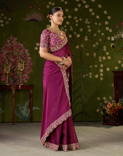 Rani Pink Rangoli Silk Embroidered Cutwork Lace Saree for Women with Designer Blouse Piece