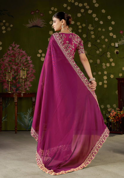 Rani Pink Rangoli Silk Embroidered Cutwork Lace Saree for Women with Designer Blouse Piece
