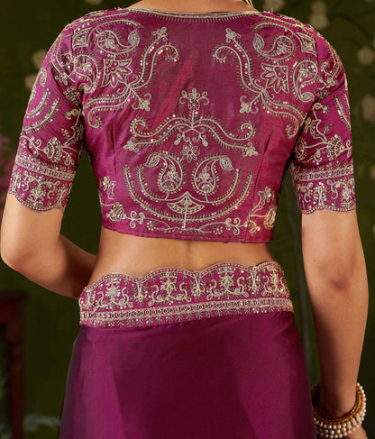 Rani Pink Rangoli Silk Embroidered Cutwork Lace Saree for Women with Designer Blouse Piece