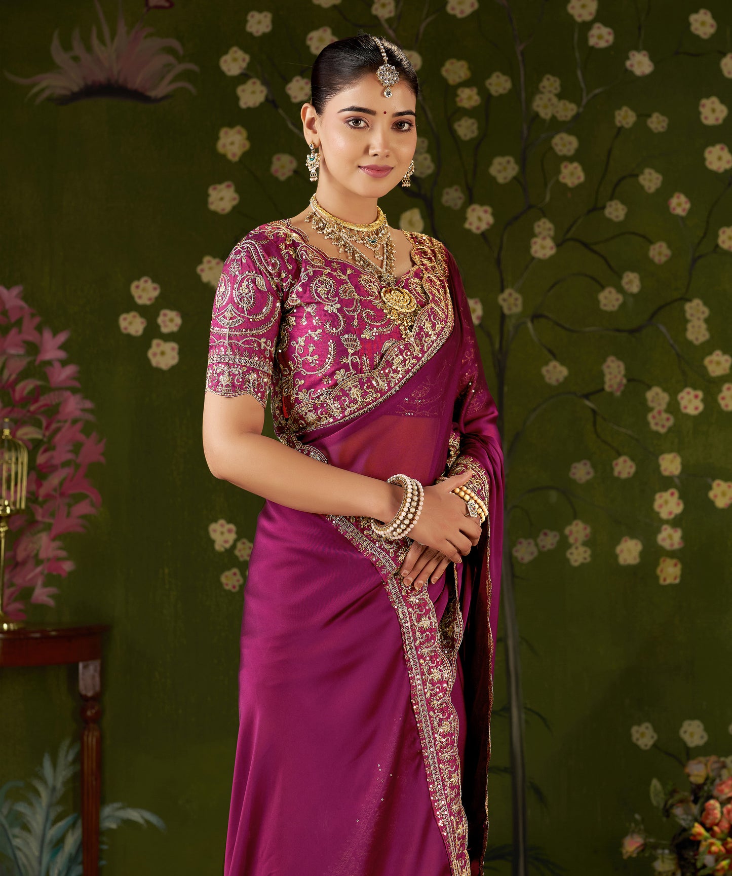Rani Pink Rangoli Silk Embroidered Cutwork Lace Saree for Women with Designer Blouse Piece