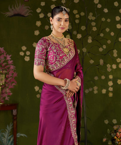 Rani Pink Rangoli Silk Embroidered Cutwork Lace Saree for Women with Designer Blouse Piece
