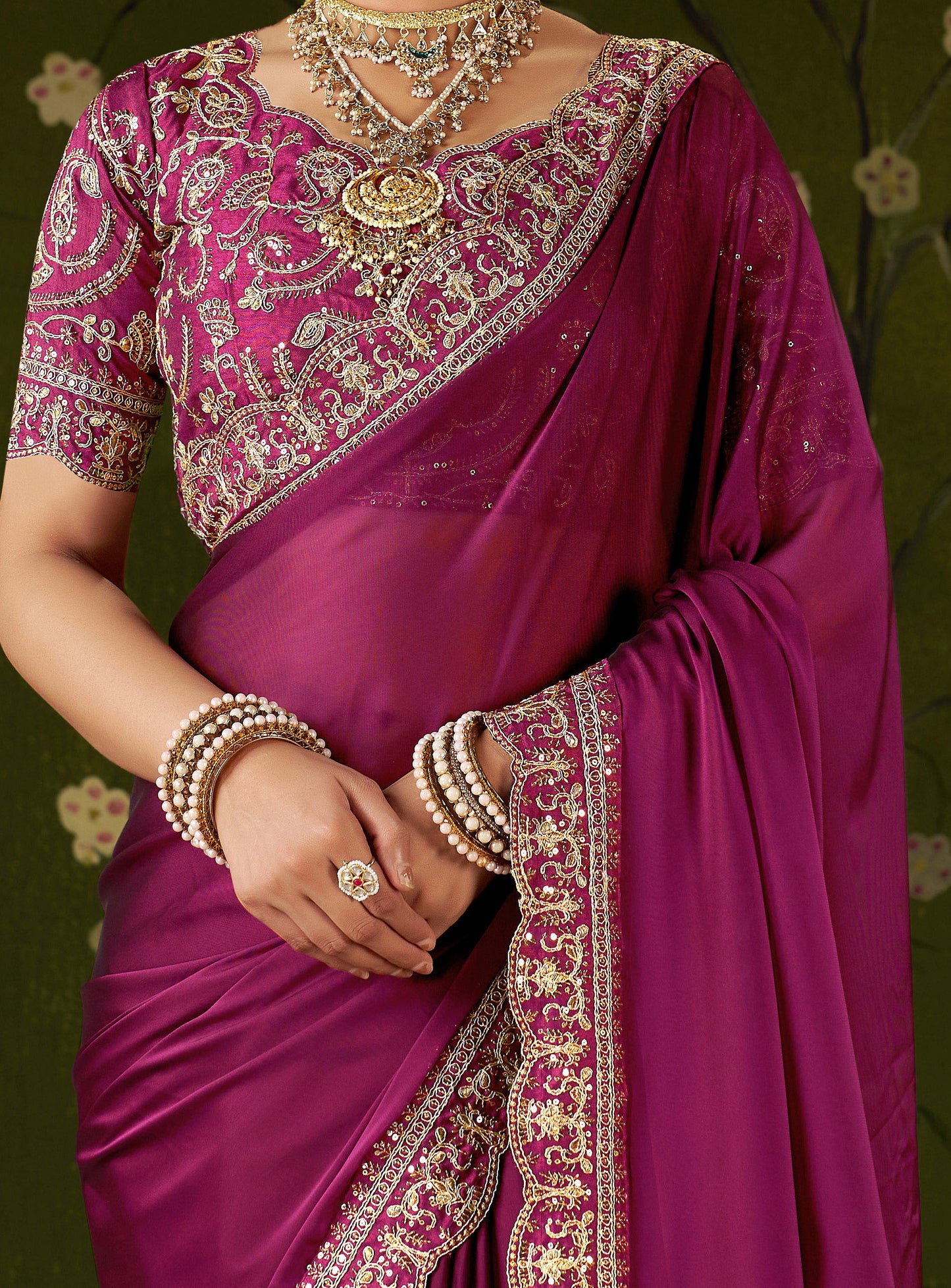 Rani Pink Rangoli Silk Embroidered Cutwork Lace Saree for Women with Designer Blouse Piece