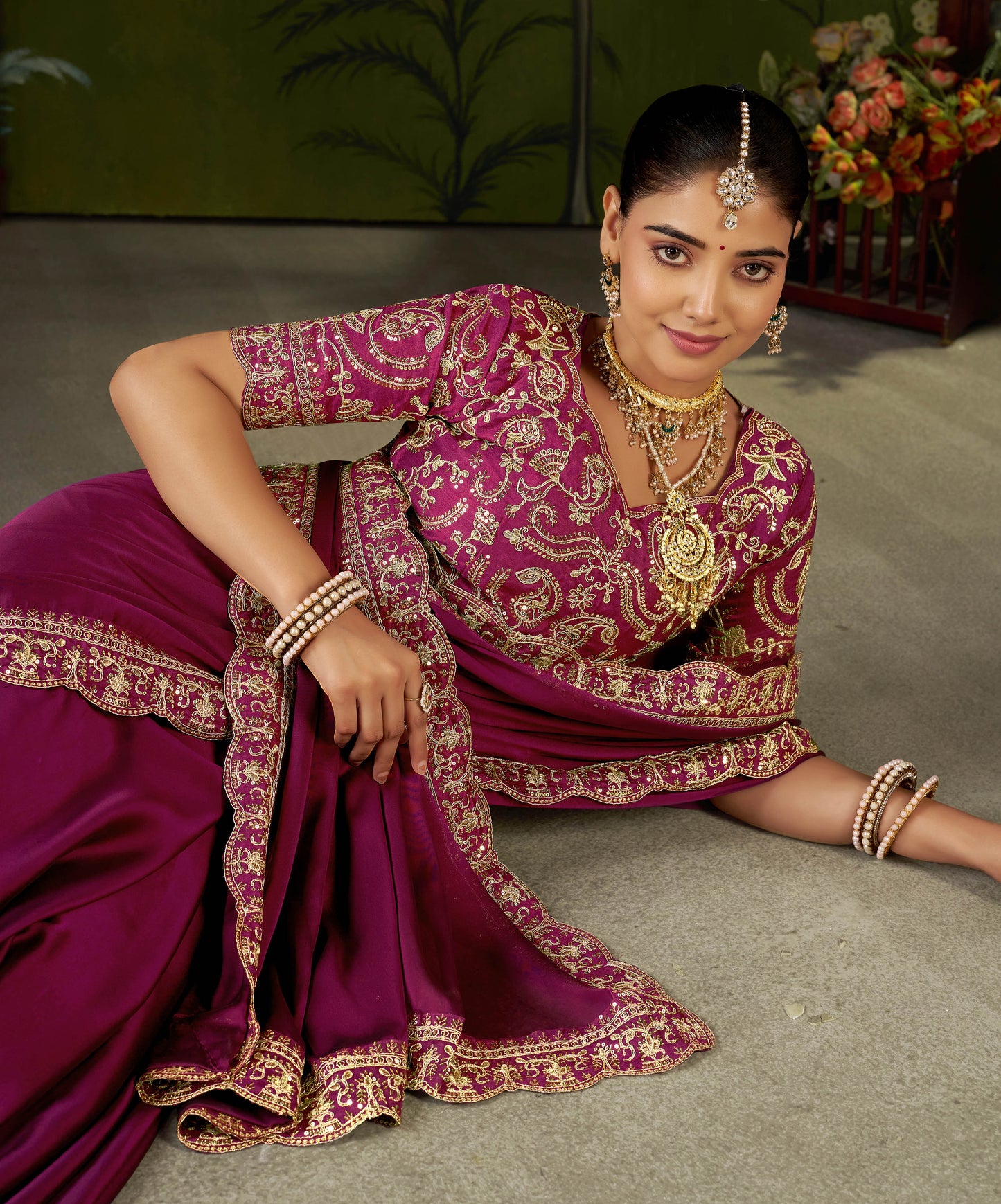 Rani Pink Rangoli Silk Embroidered Cutwork Lace Saree for Women with Designer Blouse Piece