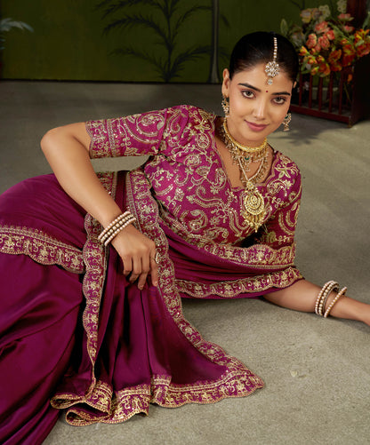 Rani Pink Rangoli Silk Embroidered Cutwork Lace Saree for Women with Designer Blouse Piece