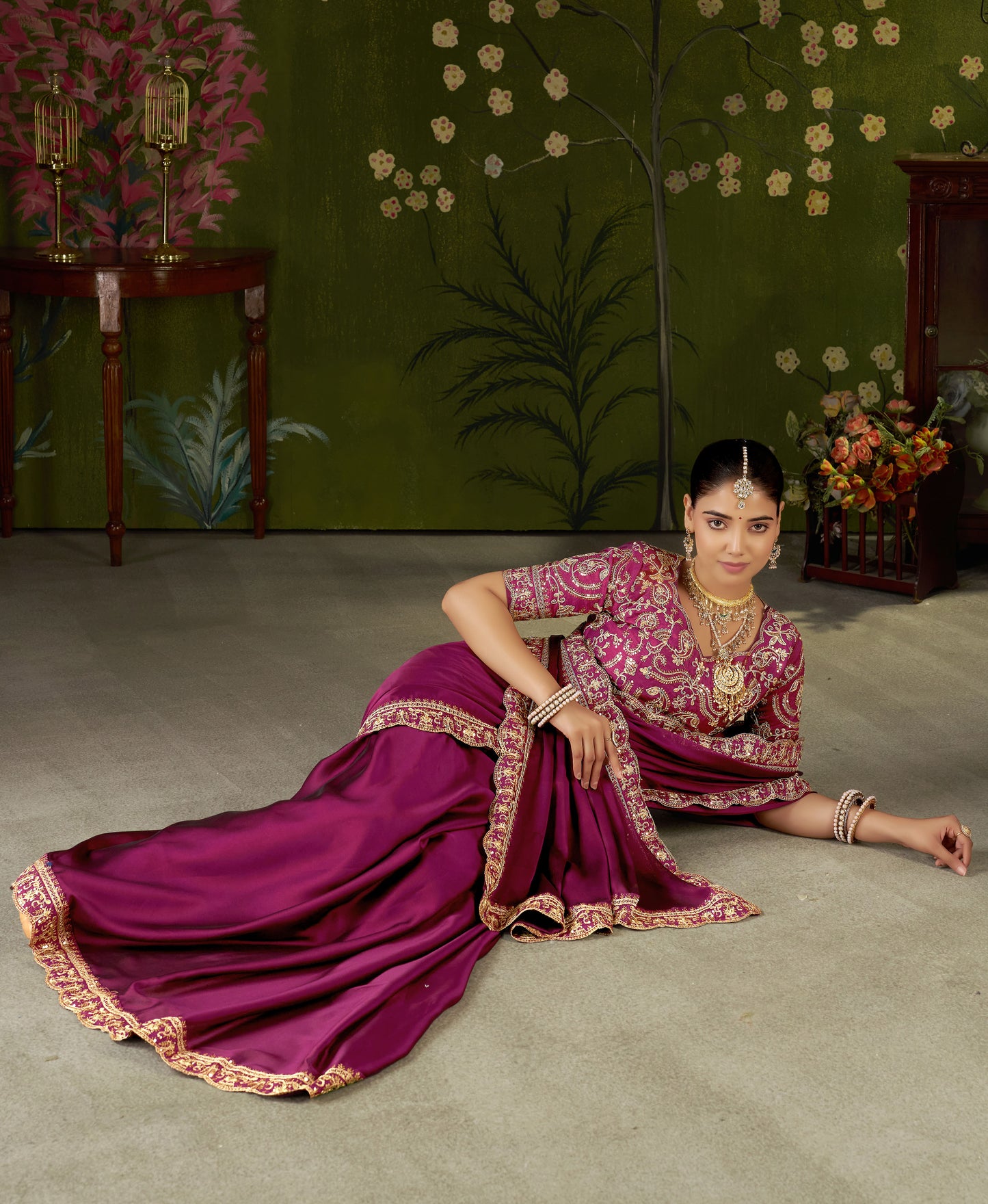 Rani Pink Rangoli Silk Embroidered Cutwork Lace Saree for Women with Designer Blouse Piece