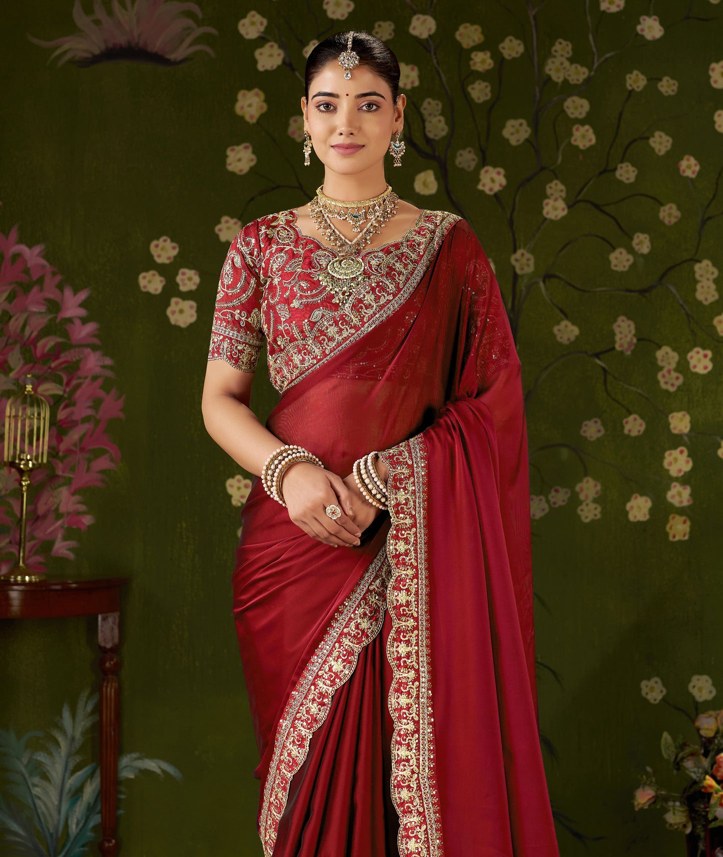 Red Rangoli Silk Embroidered Cutwork Lace Saree for Women with Designer Blouse Piece