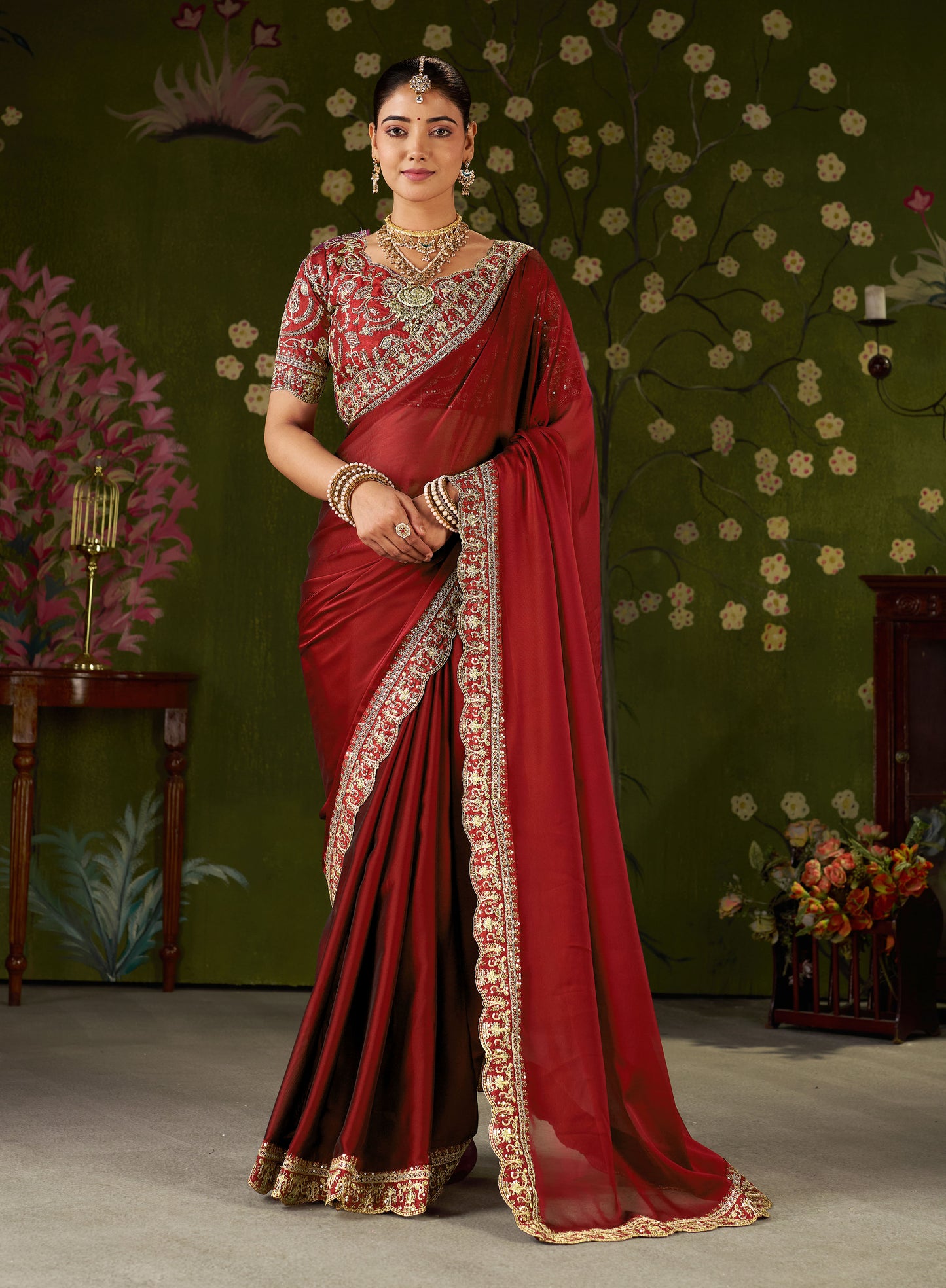 Red Rangoli Silk Embroidered Cutwork Lace Saree for Women with Designer Blouse Piece