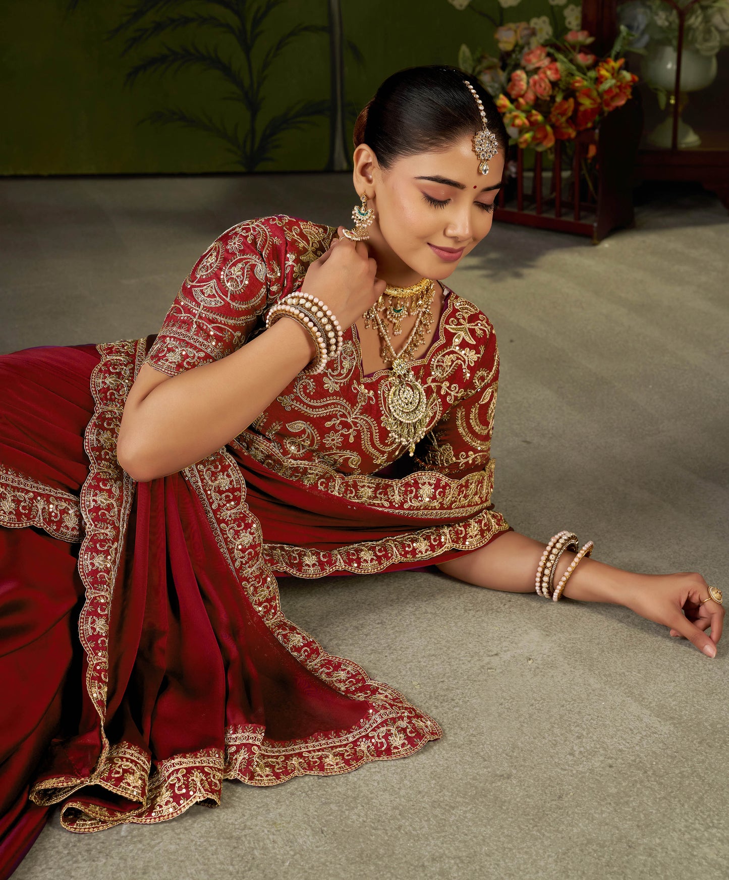 Red Rangoli Silk Embroidered Cutwork Lace Saree for Women with Designer Blouse Piece
