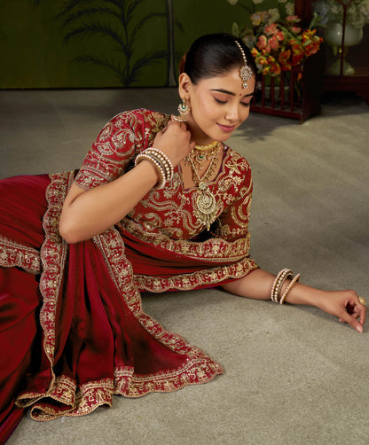 Red Rangoli Silk Embroidered Cutwork Lace Saree for Women with Designer Blouse Piece