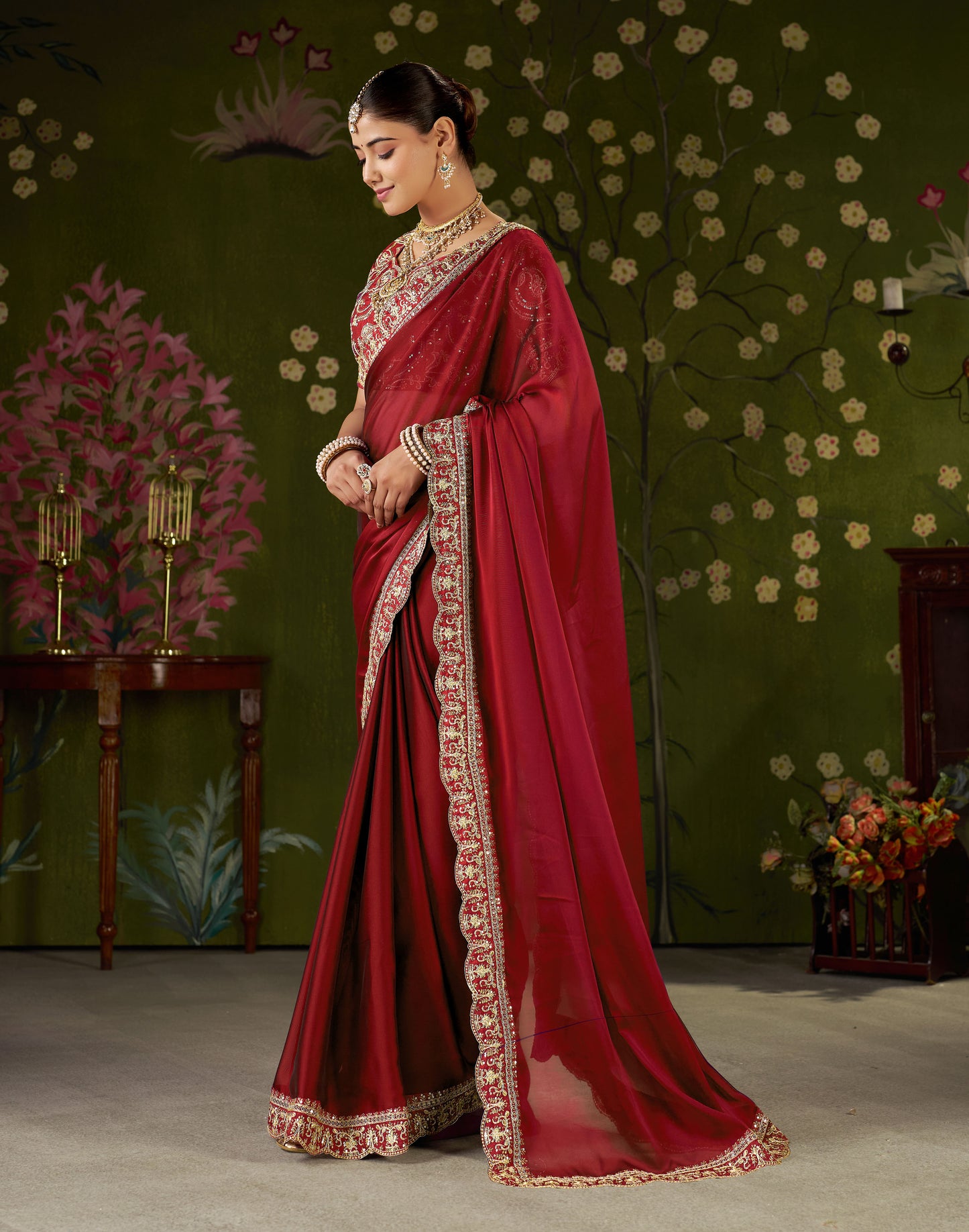 Red Rangoli Silk Embroidered Cutwork Lace Saree for Women with Designer Blouse Piece
