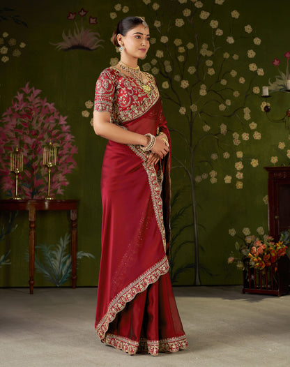 Red Rangoli Silk Embroidered Cutwork Lace Saree for Women with Designer Blouse Piece