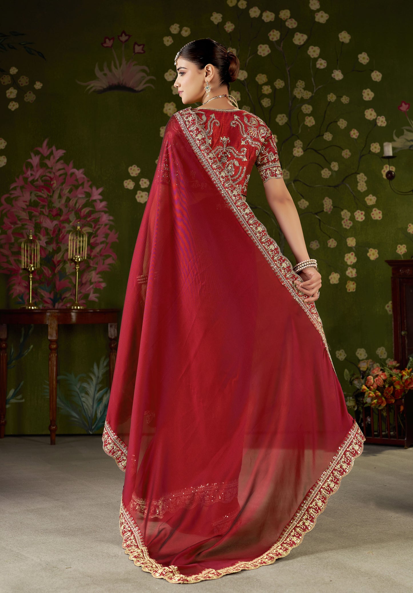 Red Rangoli Silk Embroidered Cutwork Lace Saree for Women with Designer Blouse Piece