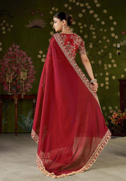 Red Rangoli Silk Embroidered Cutwork Lace Saree for Women with Designer Blouse Piece