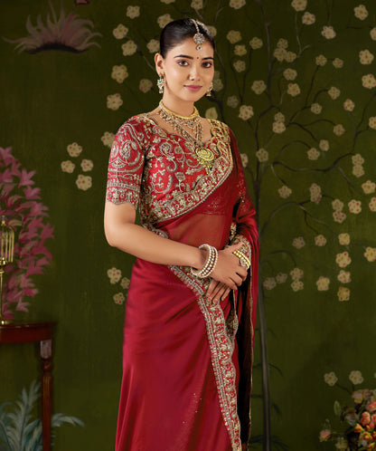 Red Rangoli Silk Embroidered Cutwork Lace Saree for Women with Designer Blouse Piece