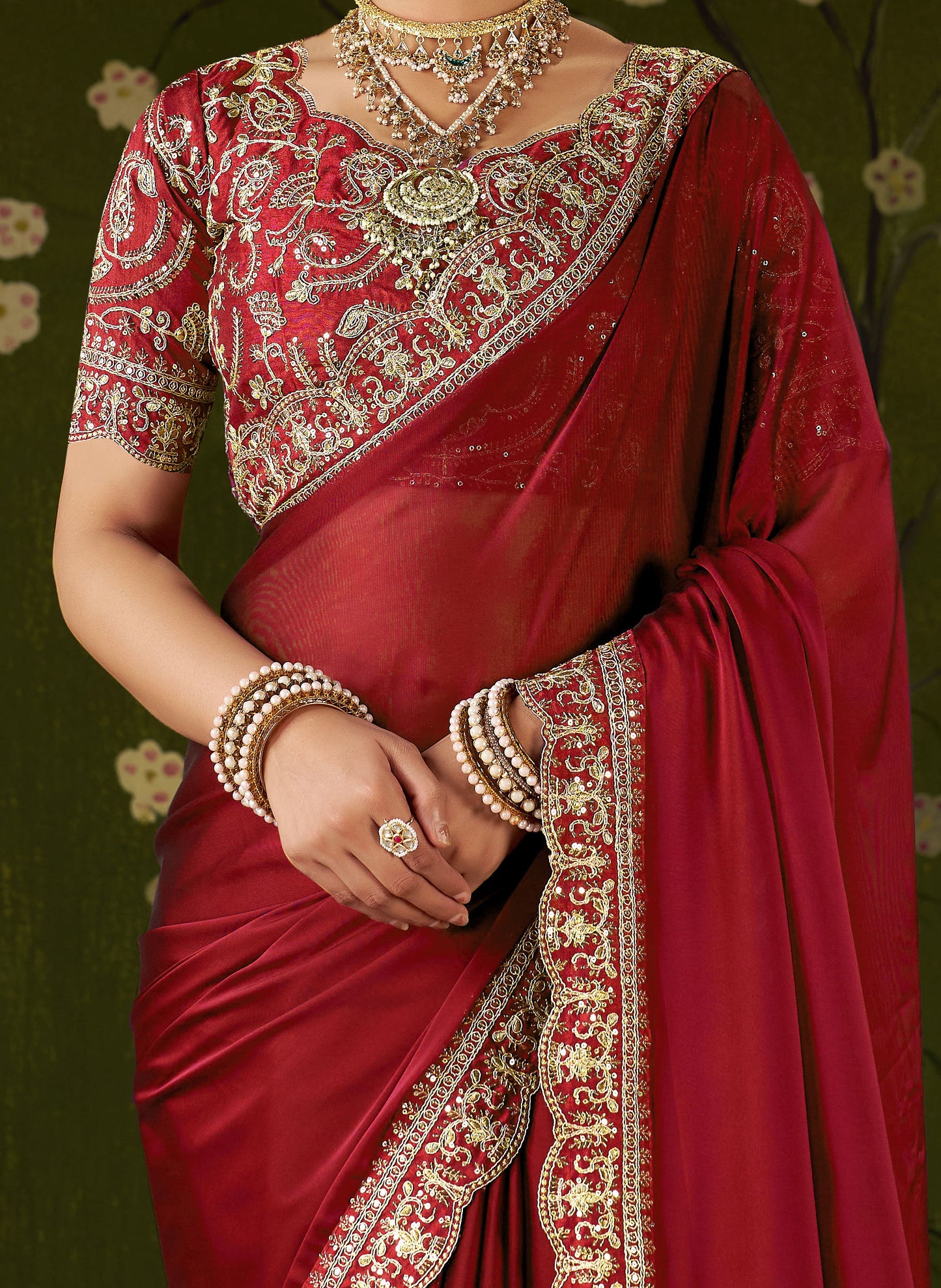 Red Rangoli Silk Embroidered Cutwork Lace Saree for Women with Designer Blouse Piece