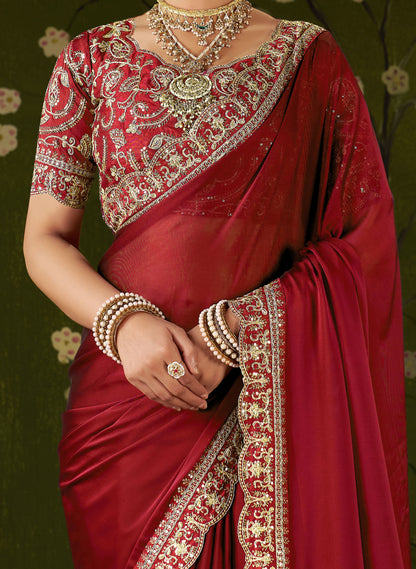 Red Rangoli Silk Embroidered Cutwork Lace Saree for Women with Designer Blouse Piece