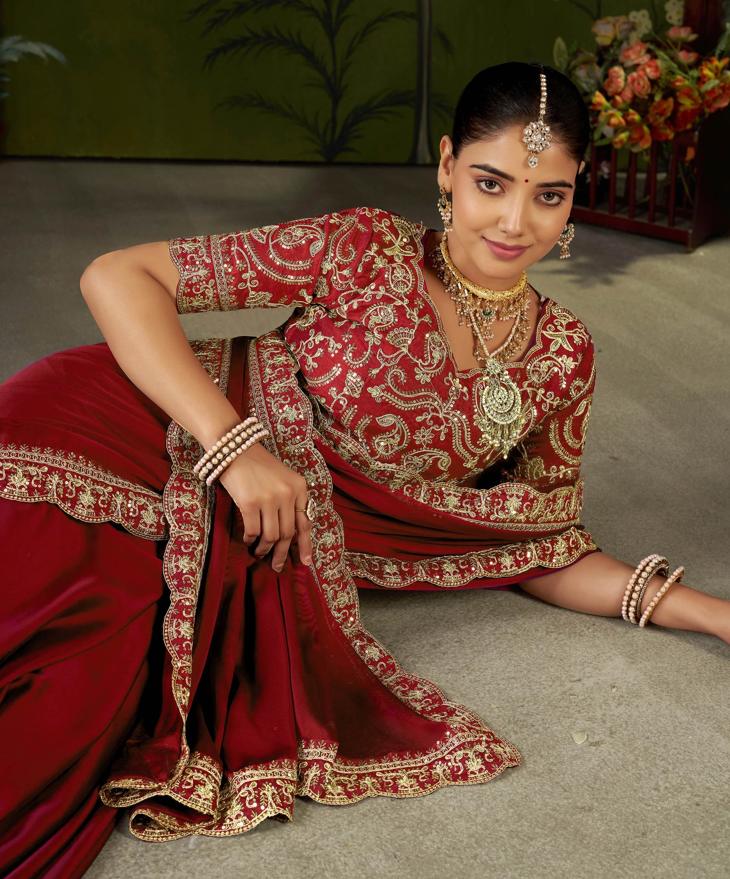 Red Rangoli Silk Embroidered Cutwork Lace Saree for Women with Designer Blouse Piece