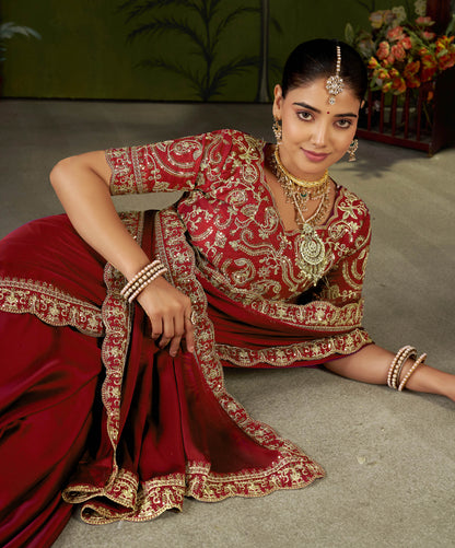 Red Rangoli Silk Embroidered Cutwork Lace Saree for Women with Designer Blouse Piece