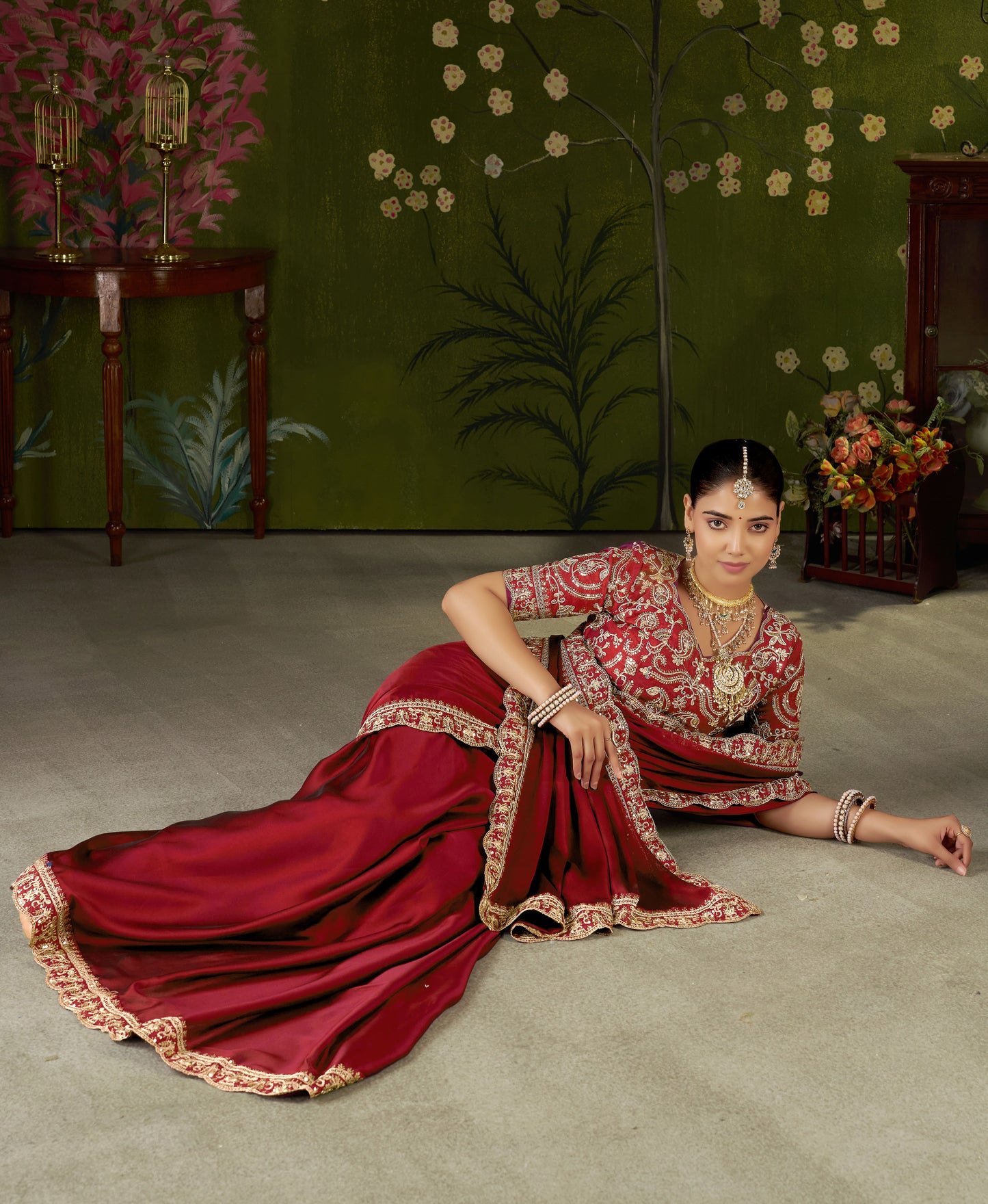 Red Rangoli Silk Embroidered Cutwork Lace Saree for Women with Designer Blouse Piece