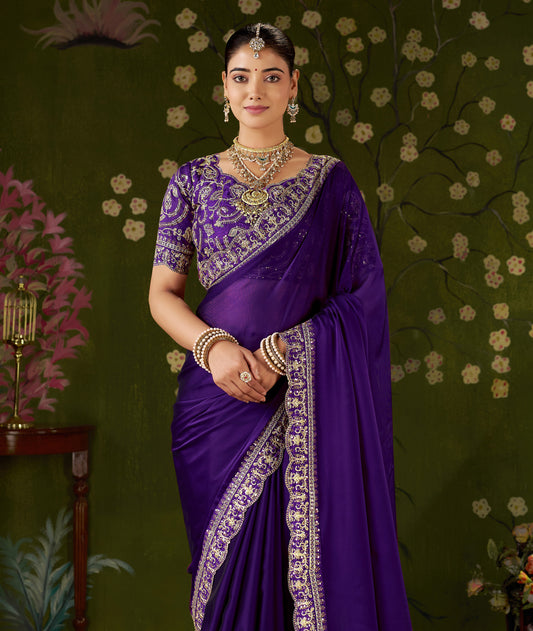 Violet Rangoli Silk Embroidered Cutwork Lace Saree for Women with Designer Blouse Piece
