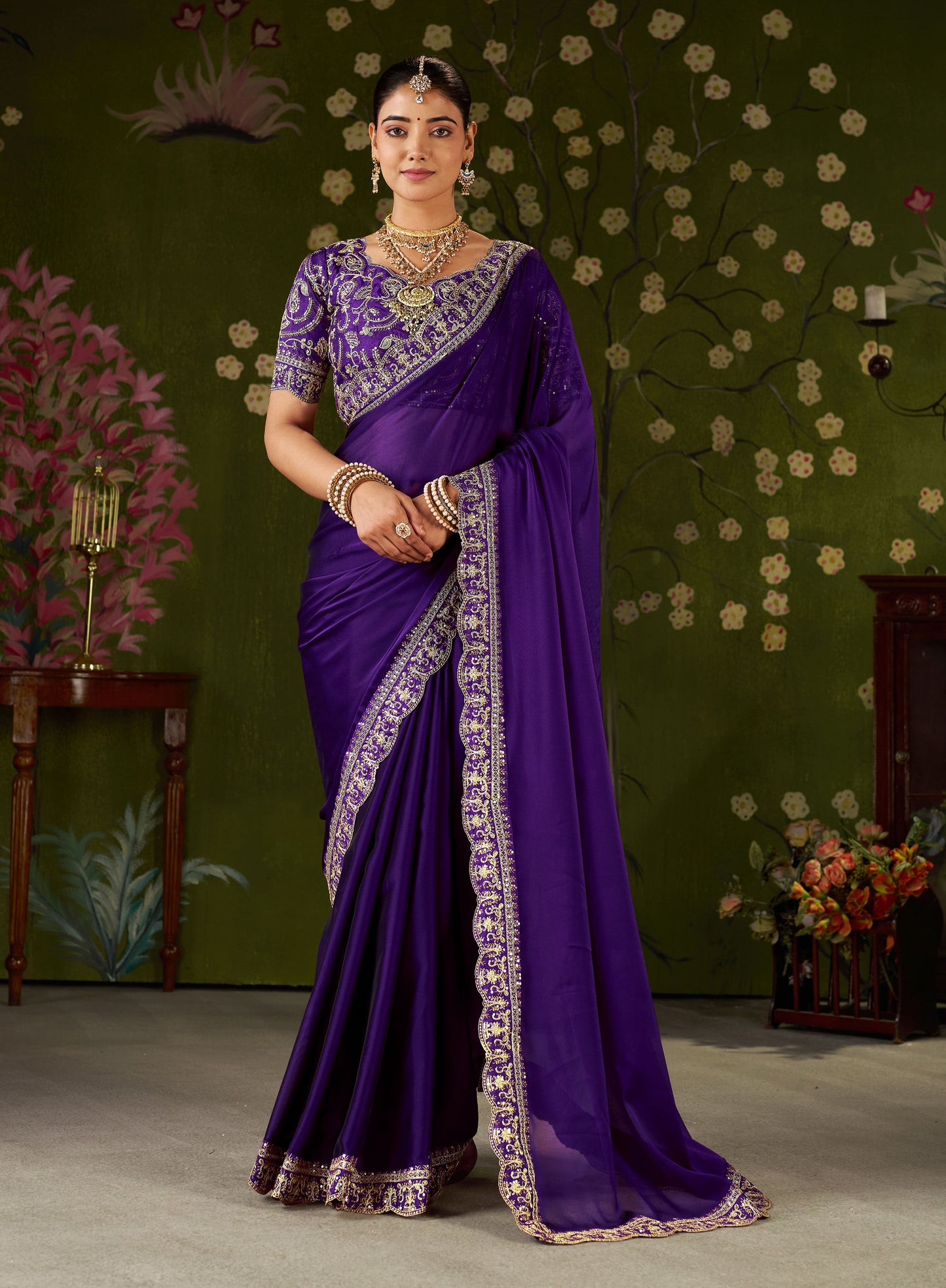 Violet Rangoli Silk Embroidered Cutwork Lace Saree for Women with Designer Blouse Piece