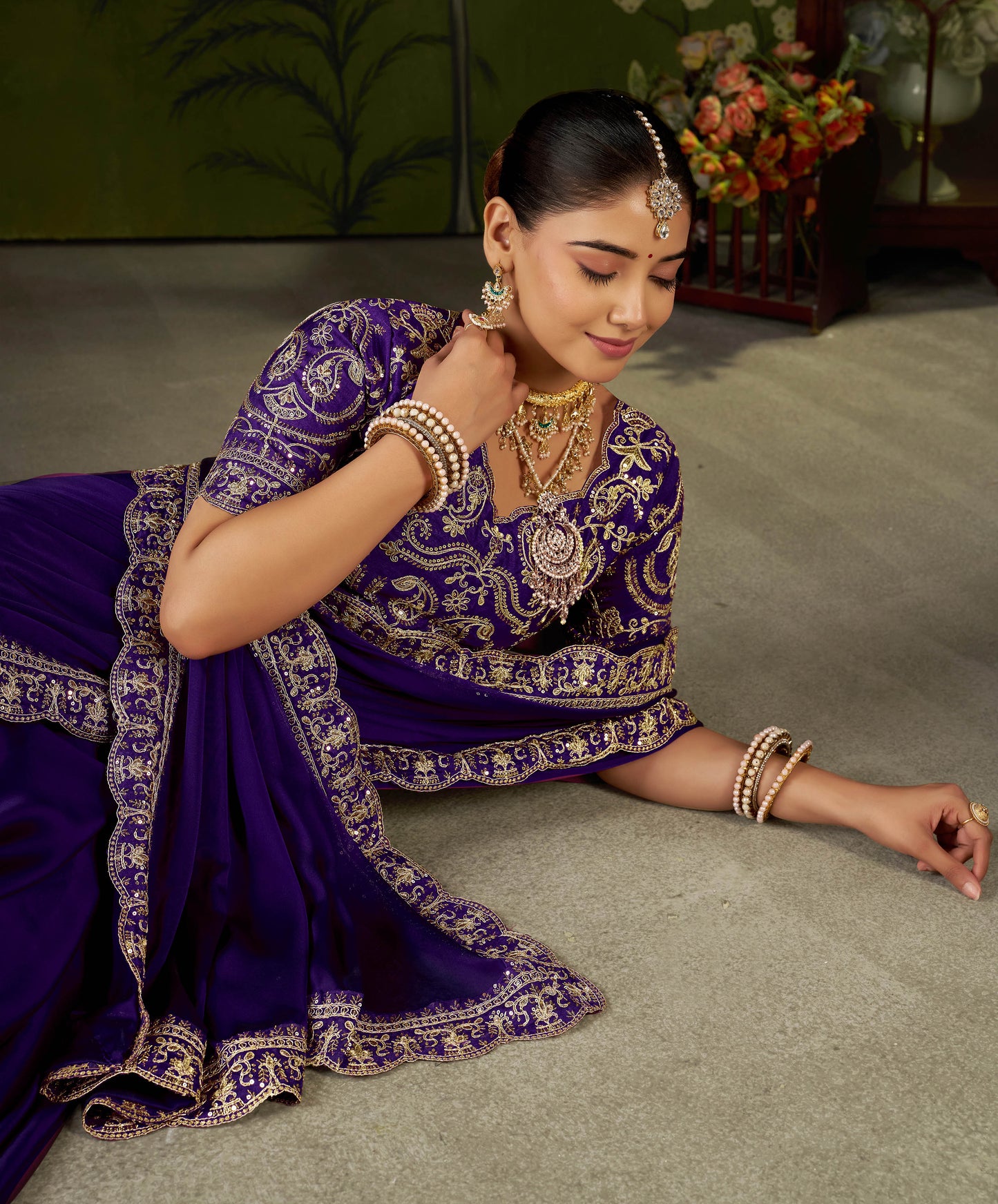 Violet Rangoli Silk Embroidered Cutwork Lace Saree for Women with Designer Blouse Piece