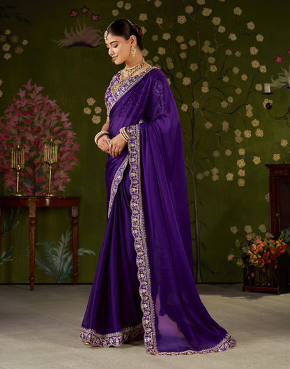 Violet Rangoli Silk Embroidered Cutwork Lace Saree for Women with Designer Blouse Piece
