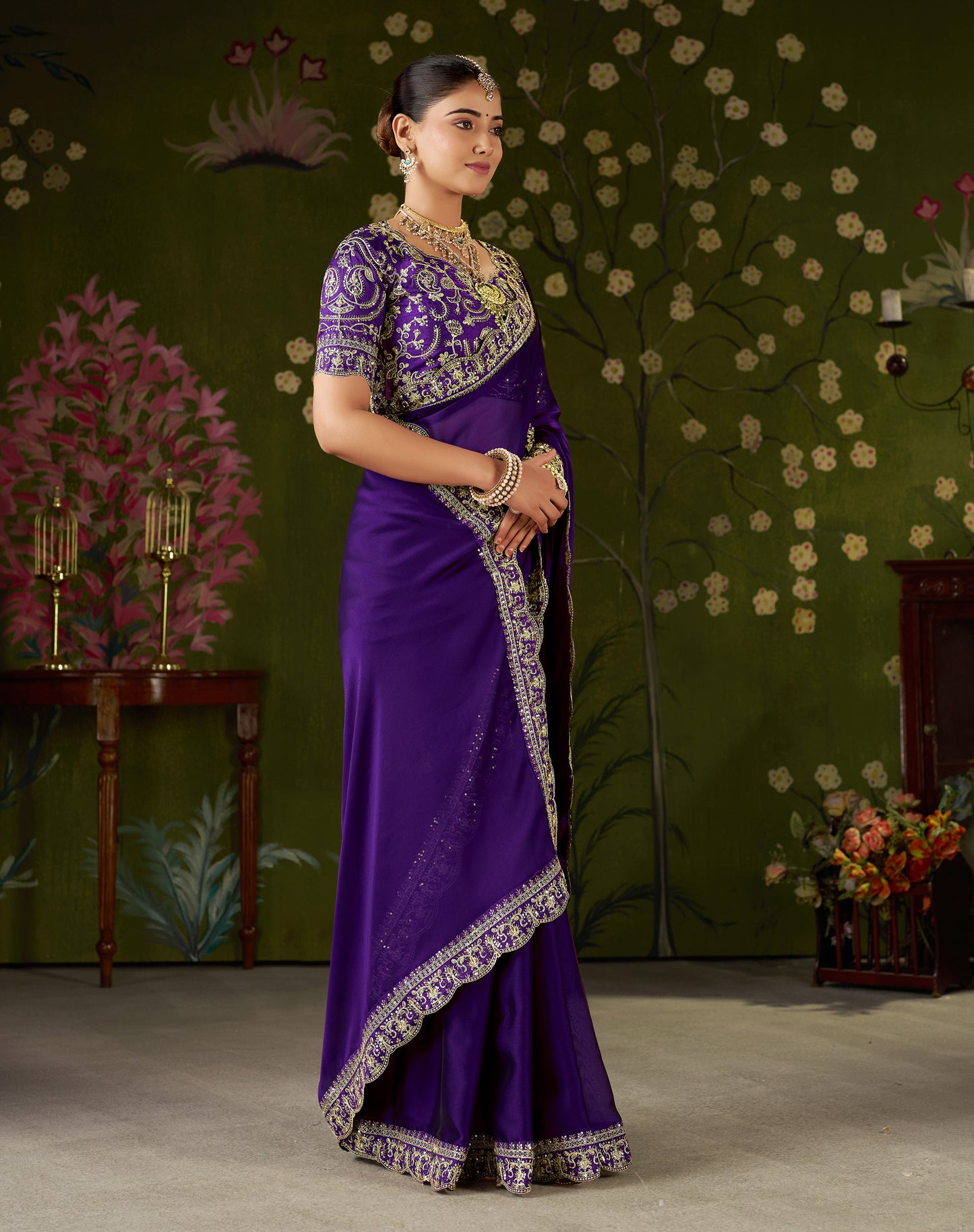 Violet Rangoli Silk Embroidered Cutwork Lace Saree for Women with Designer Blouse Piece