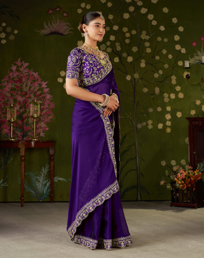 Violet Rangoli Silk Embroidered Cutwork Lace Saree for Women with Designer Blouse Piece