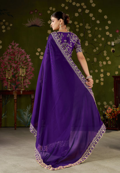 Violet Rangoli Silk Embroidered Cutwork Lace Saree for Women with Designer Blouse Piece