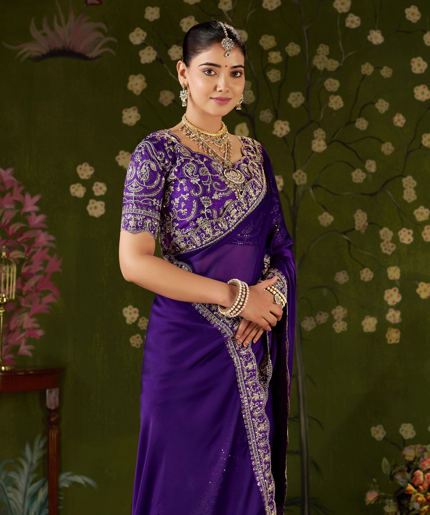 Violet Rangoli Silk Embroidered Cutwork Lace Saree for Women with Designer Blouse Piece