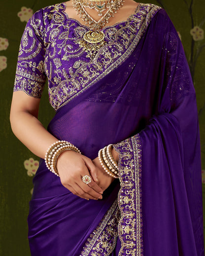 Violet Rangoli Silk Embroidered Cutwork Lace Saree for Women with Designer Blouse Piece