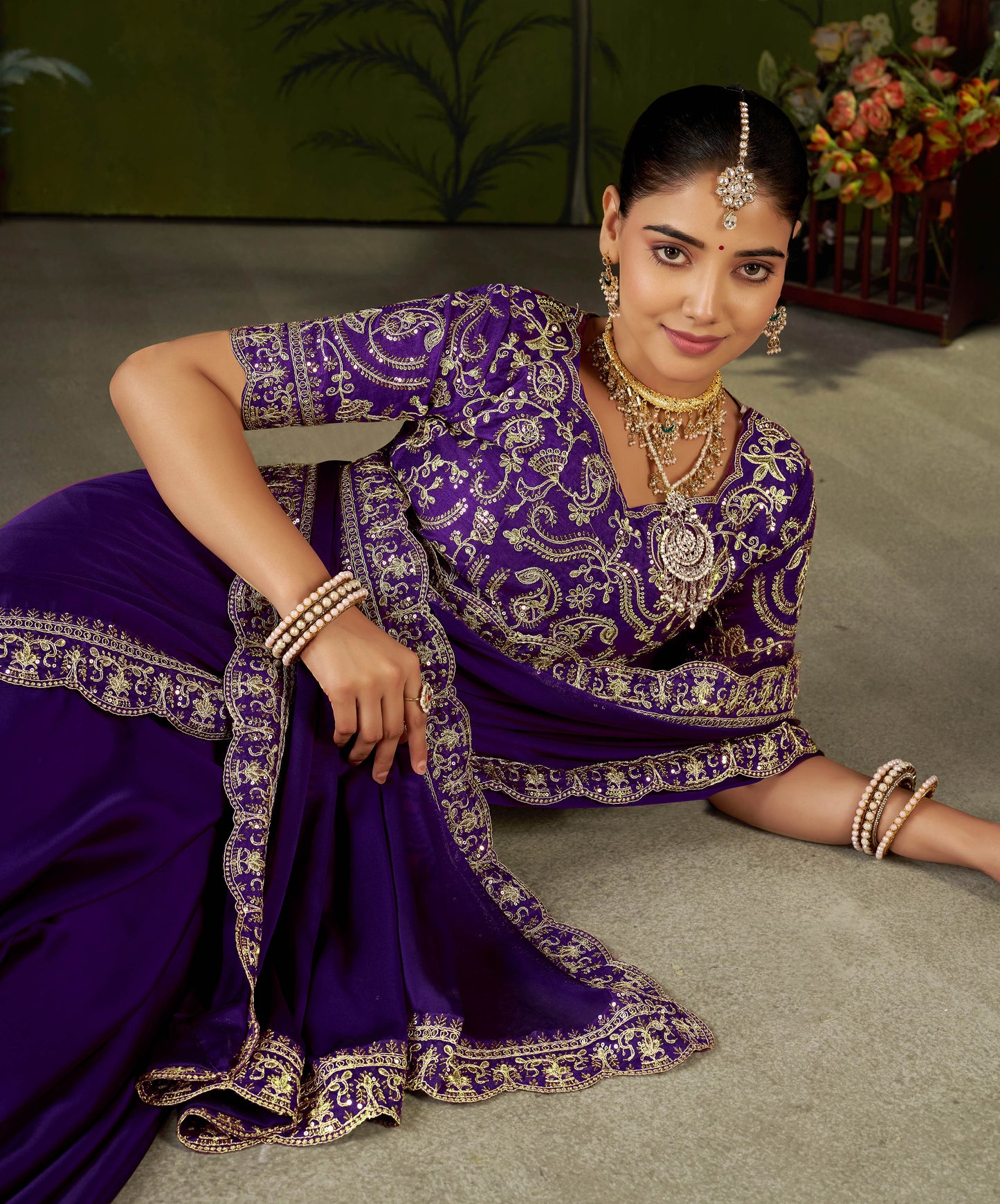 Violet Rangoli Silk Embroidered Cutwork Lace Saree for Women with Designer Blouse Piece