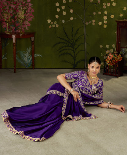 Violet Rangoli Silk Embroidered Cutwork Lace Saree for Women with Designer Blouse Piece