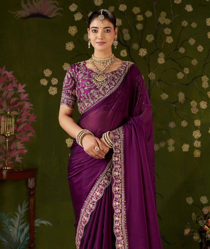 Wine Rangoli Silk Embroidered Cutwork Lace Saree for Women with Designer Blouse Piece