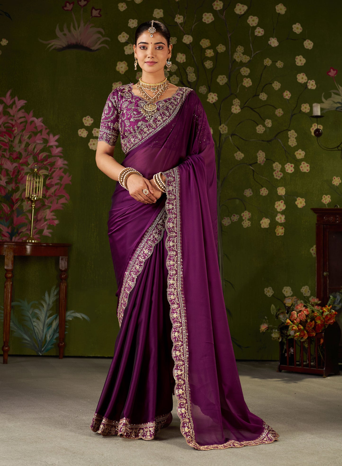 Wine Rangoli Silk Embroidered Cutwork Lace Saree for Women with Designer Blouse Piece