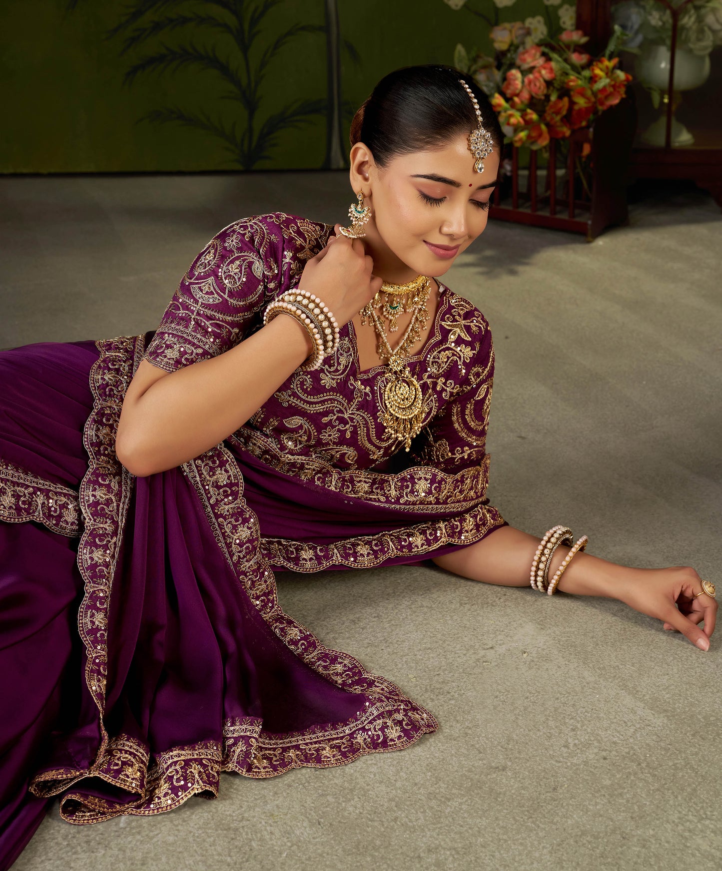 Wine Rangoli Silk Embroidered Cutwork Lace Saree for Women with Designer Blouse Piece