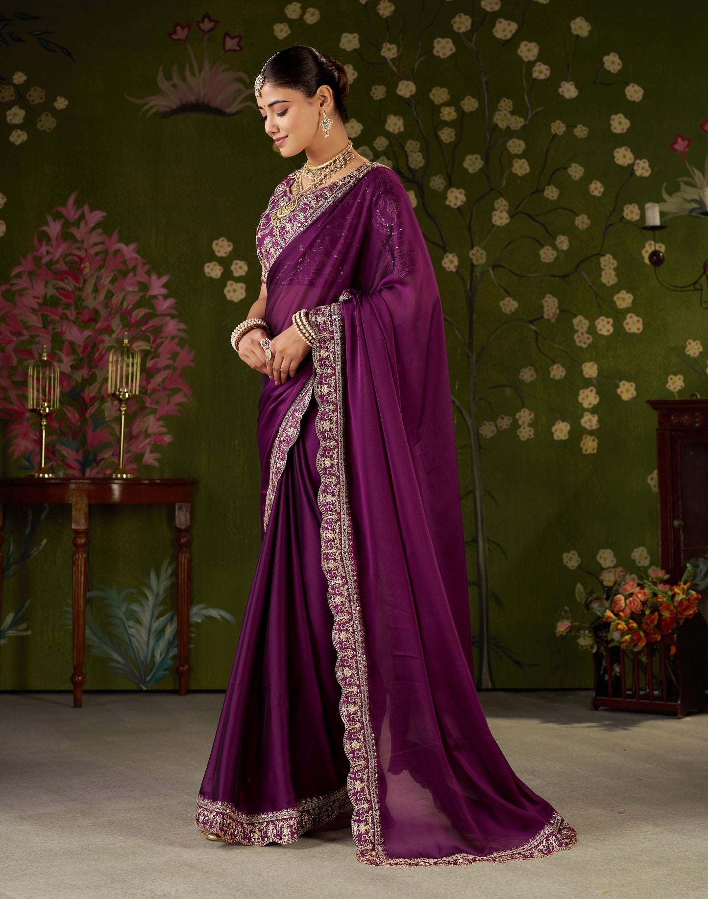 Wine Rangoli Silk Embroidered Cutwork Lace Saree for Women with Designer Blouse Piece