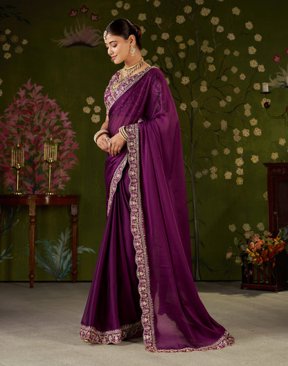 Wine Rangoli Silk Embroidered Cutwork Lace Saree for Women with Designer Blouse Piece