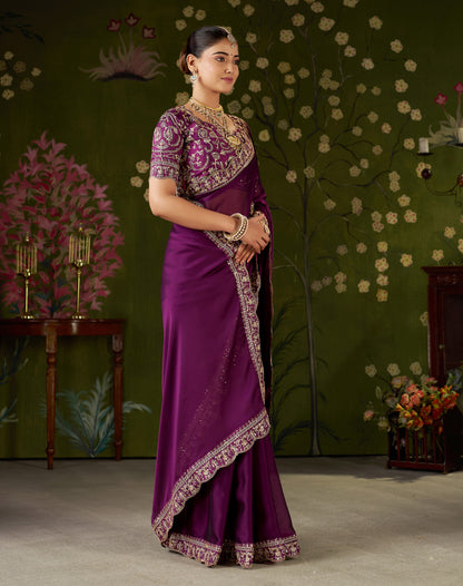 Wine Rangoli Silk Embroidered Cutwork Lace Saree for Women with Designer Blouse Piece