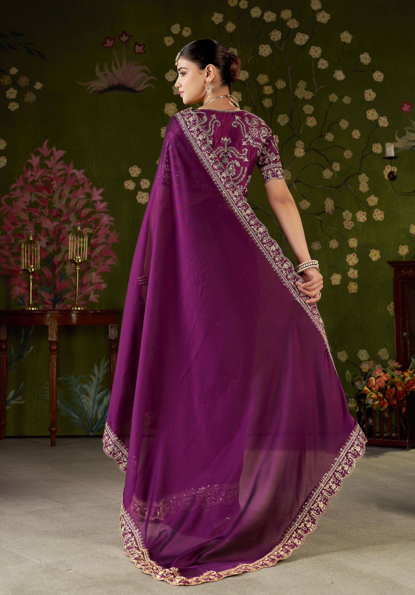 Wine Rangoli Silk Embroidered Cutwork Lace Saree for Women with Designer Blouse Piece